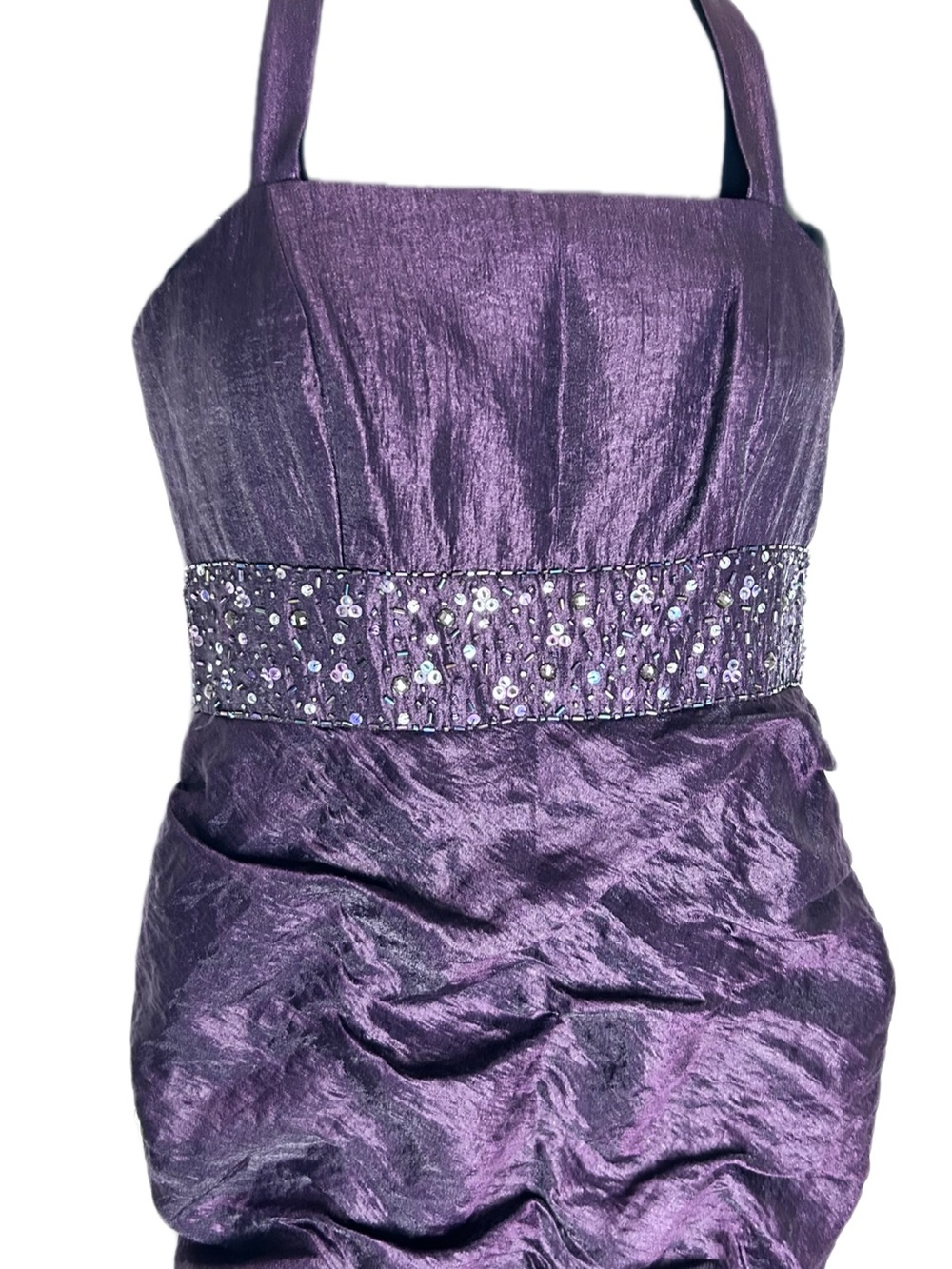 David's Bridal Plum Purple Strapless Taffeta Dress with Beaded Waist